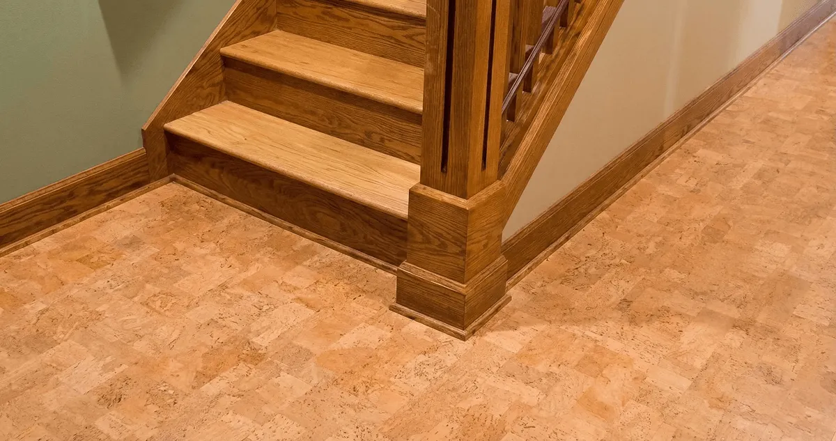 End of a staircase with cork flooring in Sarasota, FL